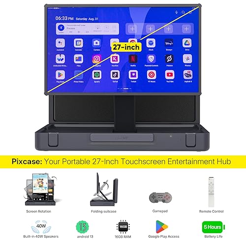MP Mobile Pixels 27" Pixcase Computer Monitor, 1080P Touchscreen with 16GB RAM, Google Play Access, 40W Speakers, Compact Suitcase Design, Gamepad & Remote Included, Windows/Mac/Switch/Consoles