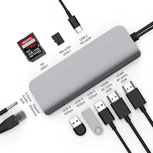 MacBook Pro Docking Station, HyperDrive 10-in-2 USB C Dock, Dual Monitor HDMI 4K@60Hz, 60W USBC Power delivery, Gigabit Ethernet, Dual USB-C Hub Adapter for M1 MacBook Pro Air, Chromebook, Gray