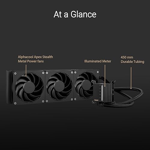 ASUS ProArt LC 360 all-in-one AIO CPU liquid cooler AMD AM4 AM5 & Intel LGA 1700, 1200, 115X support, with illuminated system status meter and three matte black Alphacool Apex Stealth Metal Power fans