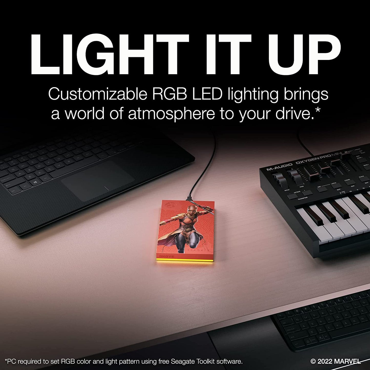 Seagate Okoye SE FireCuda External HDD - USB 3.2, Customizable RGB LED Yellow, Works with PC, Mac, Playstation, and Xbox, 1-yr Rescue Services (STLX2000403) 2TB Black Panther - Okoye