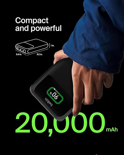 Belkin Portable Charger, 3-Port Laptop Power Bank 20000 mAh - USB-C & USB-A Ports, 65W iPhone Charger Fast Charging - MacBook, Apple iPhone 17, iPad, Samsung Galaxy S25, Nintendo Switch 2, etc - Black New Gen