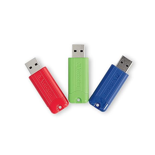 Verbatim 128GB Pinstripe USB 3.2 Gen 1 Flash Drive Retractable Thumb Drive - 3 Pack - Multicolor (Green, Blue, Red)