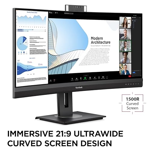 ViewSonic VG3457CV 34 Inch Ultrawide QHD 1440p Curved Video Conferencing Docking Monitor with Windows Hello Compatible IR Webcam, Advanced Ergonomics, and 100W USB C for Home and Office