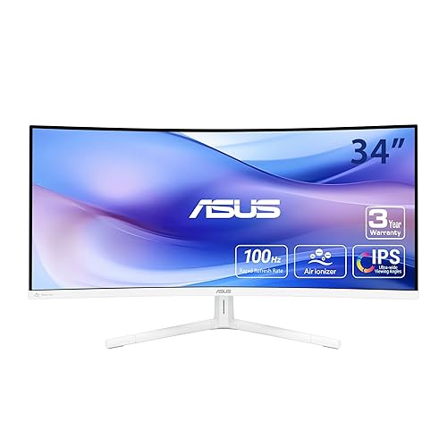 ASUS 34” Ultra-Wide Curved Eye Care Monitor (VU34WCIP-W) – WQHD (3440x1440), 1500R Curvature, Frameless, 100Hz, Nano-ion, SmoothMotion, Eye Care Plus, USB-C PD 65W, Speakers