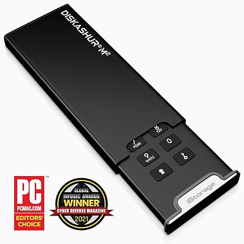 iStorage diskAshur M2 – PIN authenticated, Hardware encrypted USB 3.2 Portable SSD. Ultra-Fast, FIPS Compliant, Rugged & Portable. (1TB), black (IS-DAM2-256-1000)
