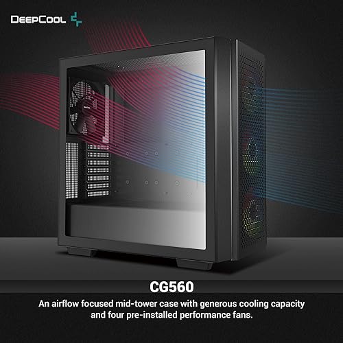 DeepCool CG560 Mid-Tower ATX Case, Mesh Front Panel for High Airflow, Three Pre-Installed 120mm ARGB Fans, 140mm Rear Black Fan, Tempered Glass, Black