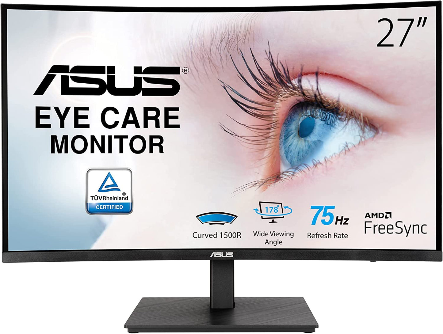 ASUS 27” 1080P Curved Monitor (VA27VQSE) - Full HD, 75Hz, 1ms, Adaptive-Sync/FreeSync, Low Blue Light, Flicker Free, VESA Mountable, Frameless, HDMI, DisplayPort, HDR-10, Height Adjustable 27" Curved FHD 1ms FreeSync Height Adjustable