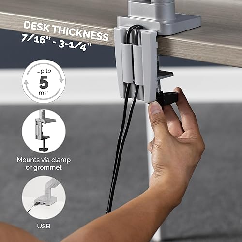 Fellowes Platinum Series Adjustable Dual Monitor Arm, Silver, Gas Spring, VESA Bracket, Clamp or Grommet Mount, Holds Two Monitors 32" / 17.6 lbs Each