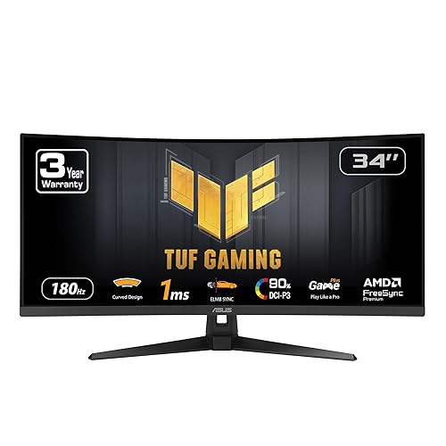 ASUS TUF Gaming 34” Ultra-Wide Curved Monitor (VG34VQ3B) – 21:9 QHD (3440x1440), 180Hz, 1ms, Extreme Low Motion Blur Sync, FreeSync Premium, Speaker, 90% DCI-P3, DisplayWidget Center, 34" Curved UWQHD 21:9 180Hz