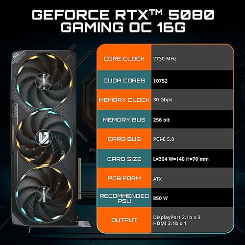 GIGABYTE Gaming GeForce RTX 5080 16GB GDDR7 PCI Express 5.0 Graphics Card GV-N5080GAMING OC-16GD