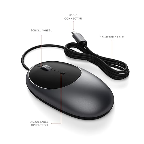 Satechi Aluminum C1 USB-C Wired Mouse – Optical Computer Mouse – for M2/ M1 MacBook Pro/Air, M2/ M1 iPad Pro/Air, M2 Mac Mini, iMac M1 (Space Gray)