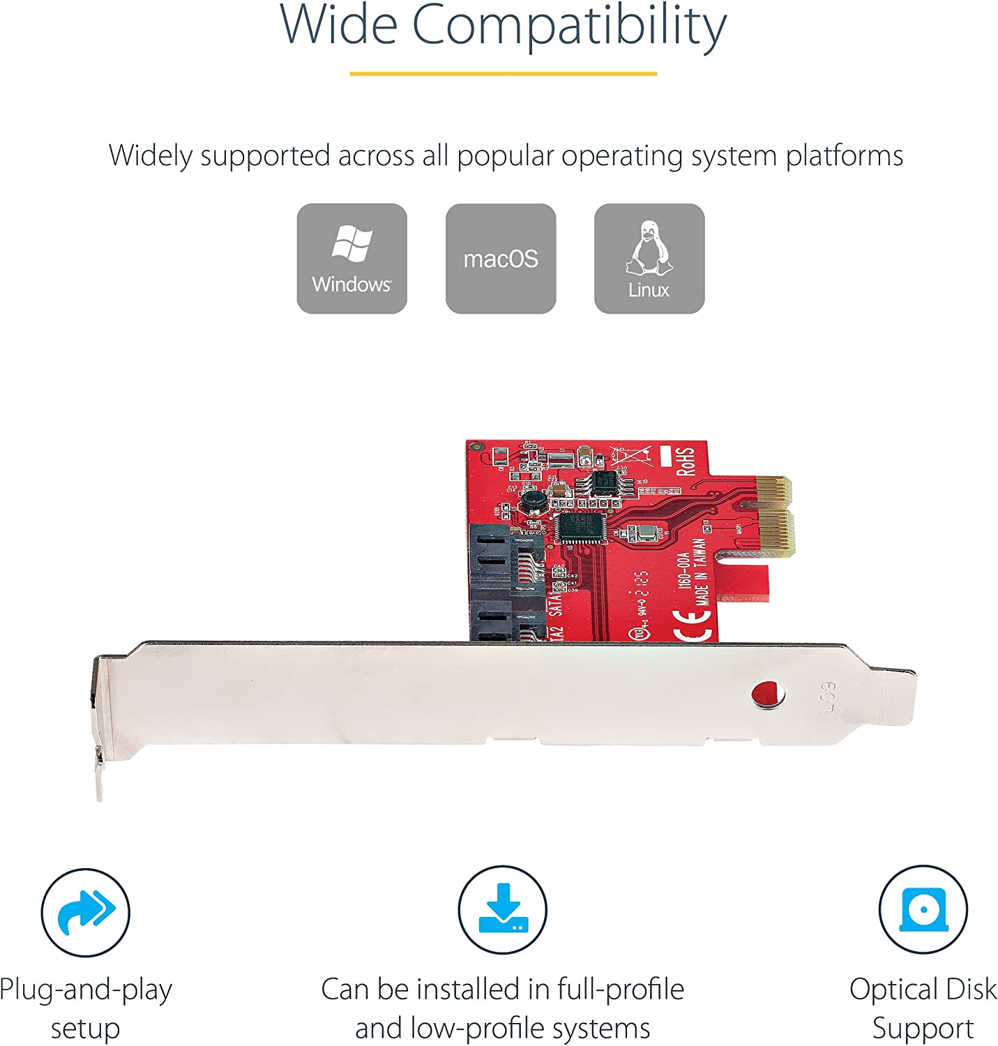 StarTech.com SATA PCIe Card - 2 Port PCIe SATA Expansion Card - 6Gbps - Full/Low Profile - PCI Express to SATA Adapter/Controller - ASM1061 Non-Raid - PCIe to SATA Converter (2P6G-PCIE-SATA-CARD) Non-RAID 2 Port