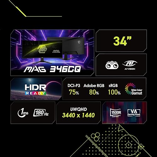 MSI MAG 346CQ 34-inch 3440 x 1440 (UWQHD) Gaming Monitor, 180Hz, Adaptive-Synch, HDMI, DisplayPort, VESA Mountable, Tilt, Height Adjustable, Speaker, 1ms, Black