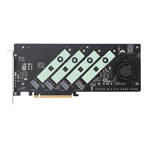 ASUS Hyper M.2 x16 Gen5 Card (PCIe 5.0/4.0) Supports Four NVMe M.2 (2242/2260/2280/22110) Devices up to 512 Gbps for AMD and Intel® Platform RAID Functions.