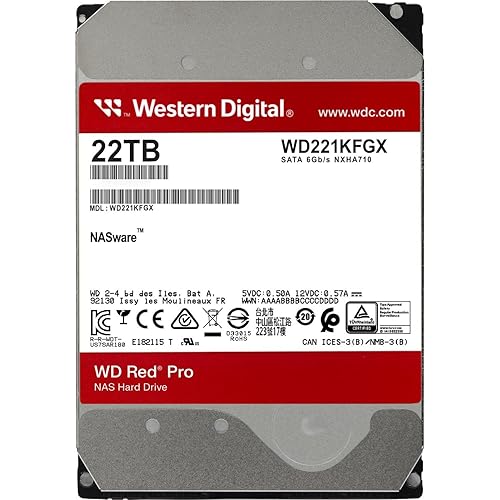 Western Digital 22TB WD Red Pro NAS Internal Hard Drive HDD - 7200 RPM, SATA 6 Gb/s, CMR, 512 MB Cache, 3.5" - WD221KFGX 22TB Red Pro