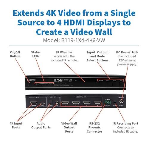 Tripp Lite 4K HDMI Video Wall Controller, TV Wall Display Processor, 1 HDMI or USB-C Input, 4 HDMI Outputs, 1x2, 1x3, 1x4, 2x2 and More, 4K@60Hz, No Software Needed (B119-1X4-4K6-VW)