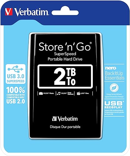 Verbatim Store N Go Portable Hard Drive, 2 TB, USB 3.0, 5, 400 Rpm, Black