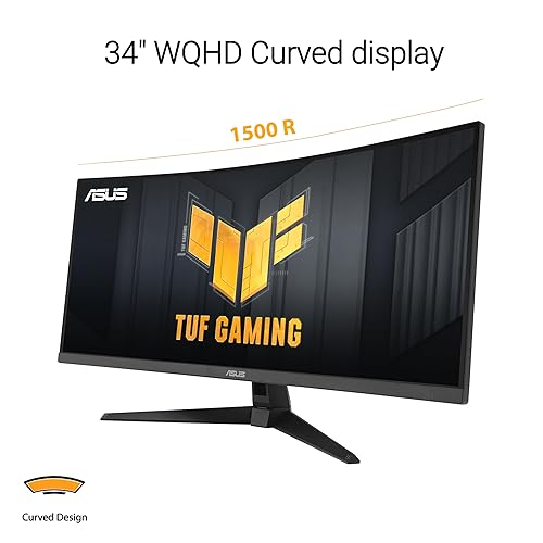 ASUS TUF Gaming 34” Ultra-Wide Curved Monitor (VG34VQ3B) – 21:9 QHD (3440x1440), 180Hz, 1ms, Extreme Low Motion Blur Sync, FreeSync Premium, Speaker, 90% DCI-P3, DisplayWidget Center, 34" Curved UWQHD 21:9 180Hz