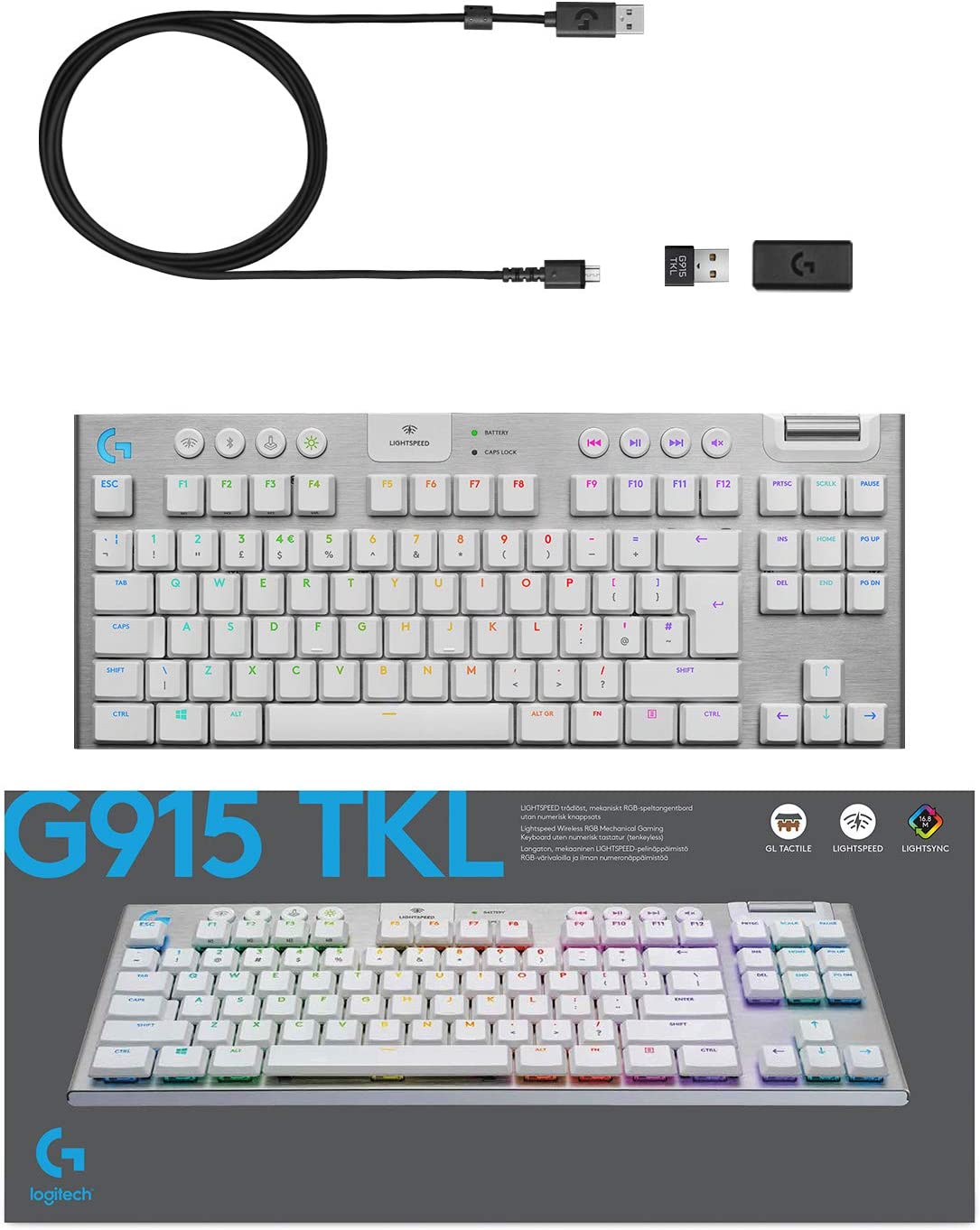 Logitech G915 TKL White Tactile Tenkeyless LIGHTSPEED Wireless RGB Mechanical Gaming Keyboard, Low Profile Switch Options, LIGHTSYNC RGB, Advanced Wireless and Bluetooth Support TKL G915 TKL Tactile White Wireless