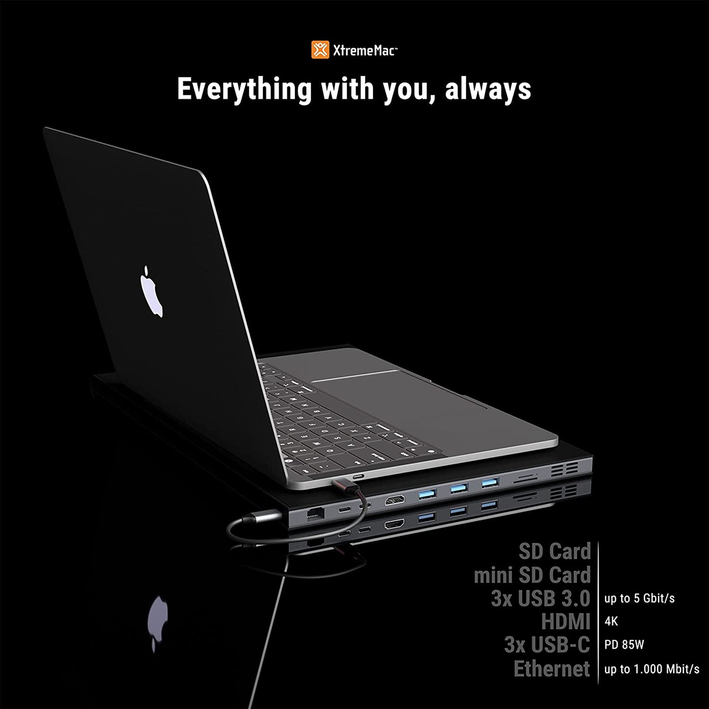 XtremeMac Sleeve - Portable MacBook Pro 13 Sleeve with Integrated USB C hub, 9 Connections - high-end multiport Adapter with 1x Ethernet, 3X USB 3.0, 2X USB-C, 1x 4K HDMI, SD / TF Card Reader