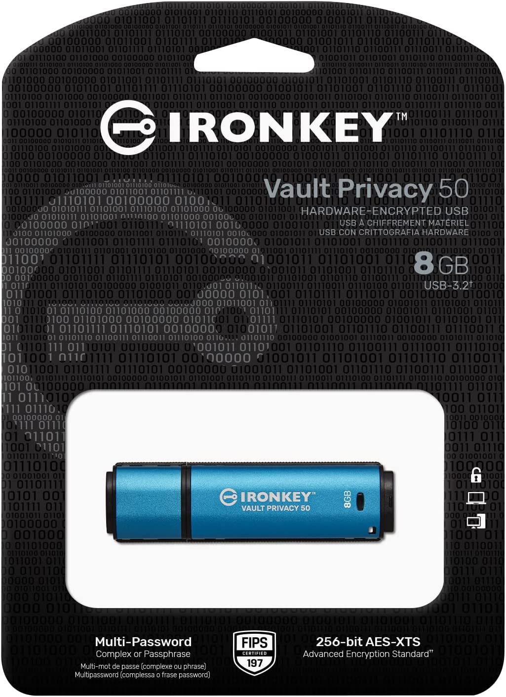 Kingston IronKey Vault Privacy 50 8GB Encrypted USB | FIPS 197 | AES-256bit | BadUSB Attack Protection | Multi-Password Options | IKVP50/8GB