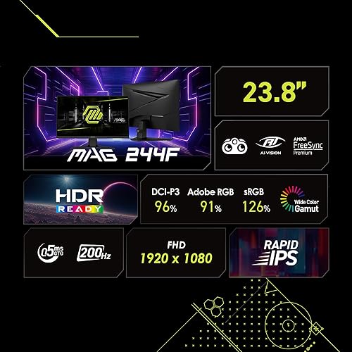 MSI MAG 244F, 24" Gaming Monitor, 1920 x1080 (FHD), Rapid IPS, 200Hz, 0.5ms, FreeSync Premium, HDR Ready, AI Vision, HDMI, Displayport, Tilt, Black