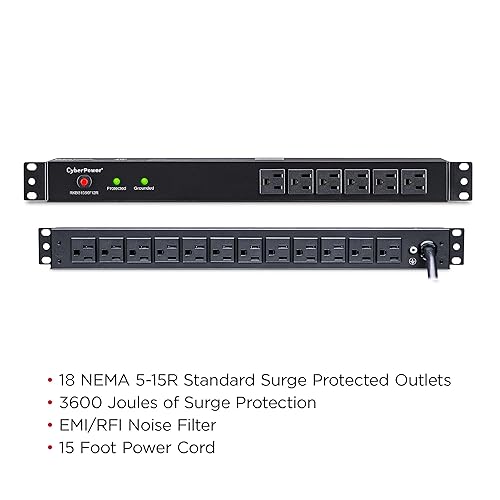 CyberPower RKBS15S6F12R Rackbar Surge Protector, 120V/15A, 18 Outlets, 15 Foot Power Cord, 1U Rackmount
