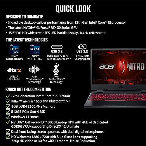 Acer Nitro 5 Gaming Laptop 15.6 FHD IPS 144Hz Display Intel i5-12450H | RTX 3050 | 8GB RAM | 512GB SSD | Windows 11 Home (1 yr Manufacturer Warranty)