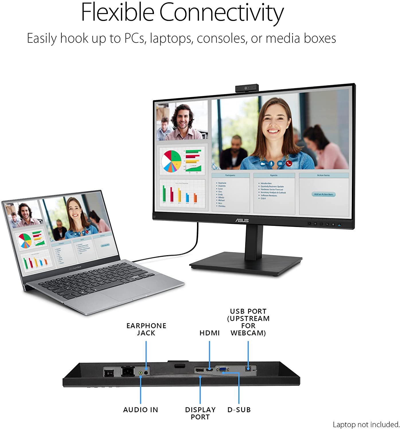 ASUS 27” 1080P Video Conference Monitor (BE279QSK) - Full HD, IPS, Built-in Adjustable 2MP Webcam, Mic Array, Speakers, Eye Care, Wall Mountable, Frameless, HDMI, DisplayPort, VGA, Height Adjustable 27" IPS w/Webcam & DisplayPort