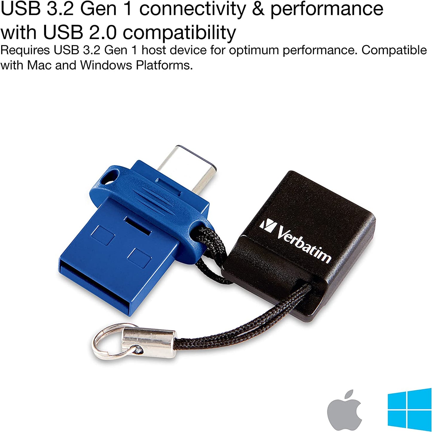 Verbatim Store 'n' Go USB Flash Drive 3.0, Dual USB, USB C and USB A, 64GB, Blue 64 GB