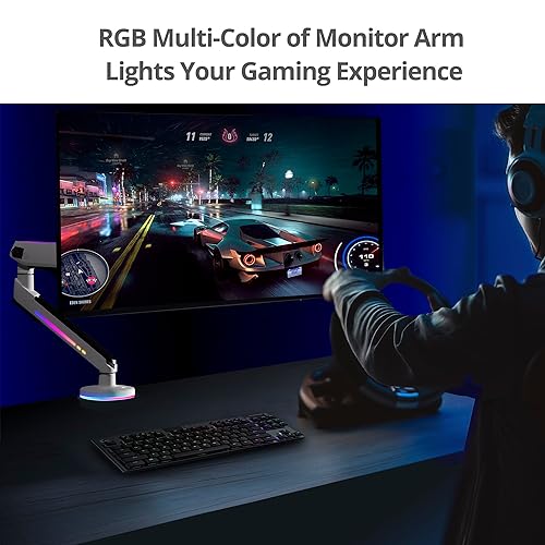 SIIG Single Arm Desk Mount Monitor Stand with Built-in RGB Lights, Premium Gas Spring, VESA 75x75 100x100, for 17” to 34”, Up to 19 lbs, Flat or Curved Screen (CE-MT3J11-S2)