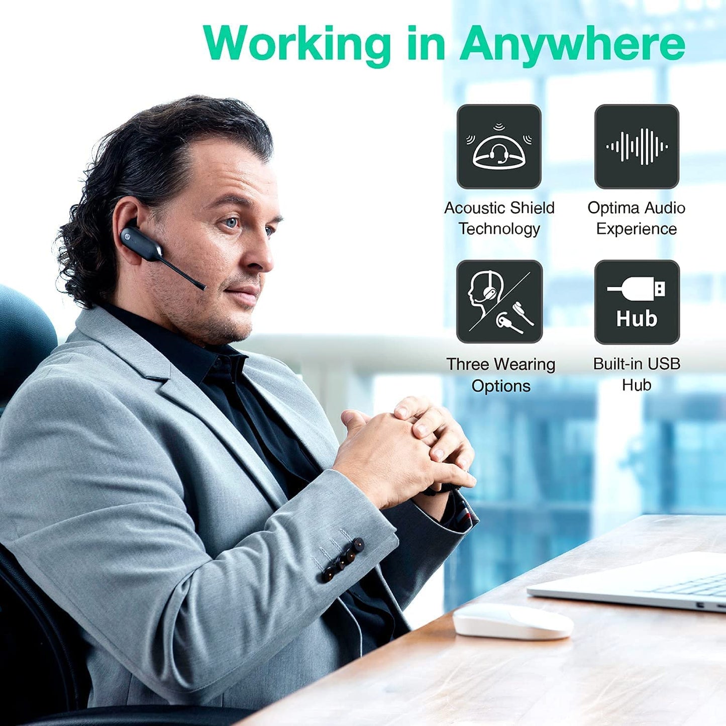 Yealink WH67 UC Wireless Noise Canceling Headset - Headset Works with USB Enabled Computers and Softphones and Also Connects to Desk Phones and Cell Phones with Built in Bluetooth