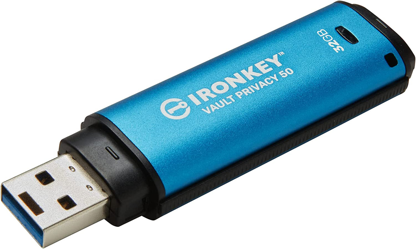 Kingston IronKey Vault Privacy 50 32GB Encrypted USB | FIPS 197 | AES-256bit | BadUSB Attack Protection | Multi-Password Options | IKVP50/32GB