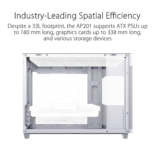 ASUS Prime AP201 White MicroATX Tempered Glass Edition Supports Graphics Cards up to 338mm, 360mm Coolers, & Standard ATX PSUs, Tool-Free Side Panels, Tempered Glass Side & Front Panel USB Type-C