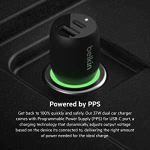 Belkin 37 Watt Dual USB Car Charger - Power Delivery 25W USB C Port & 12W USB A Port for PPS Charging Apple iPhone 14, 14 Pro, 14 Pro Max, iPhone 13, Samsung Galaxy, AirPods - Included Lightning Cable Dual USB-A & C 37W + LGT Cable Charger