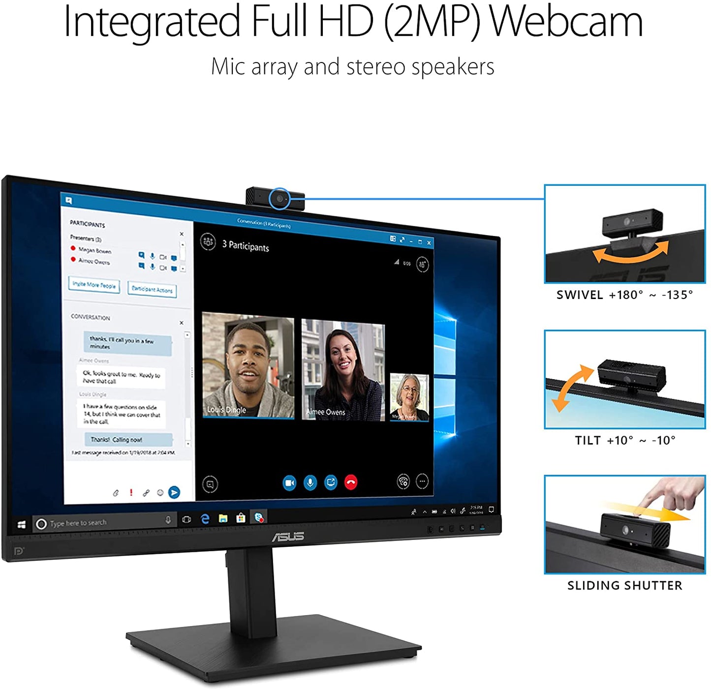 ASUS 27” 1080P Video Conference Monitor (BE279QSK) - Full HD, IPS, Built-in Adjustable 2MP Webcam, Mic Array, Speakers, Eye Care, Wall Mountable, Frameless, HDMI, DisplayPort, VGA, Height Adjustable 27" IPS w/Webcam & DisplayPort