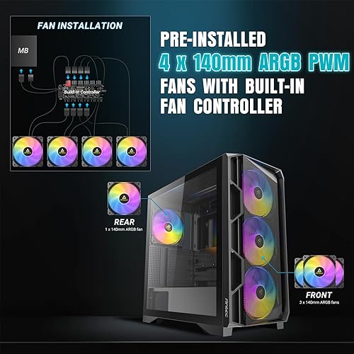 Antec AX1000 ARGB, 4 x 140mm ARGB PWM Fans Included, Fan Controller, Up to 9 Fans Simultaneously, Type-C 3.2, Full-View Tempered Glass Side Panel, 360mm Radiator Support, Mid-Tower ATX PC Case
