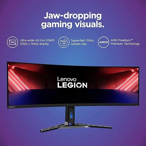 Lenovo Legion R45w-30 Gaming Monitor, 44.5” 32:9 Curved Display, 5120x1440 Resolution, 165Hz/170Hz Refresh, 1ms MPRT, AMD FreeSync Premium Pro, Adjustable Stand, 450 nits Brightness, Black