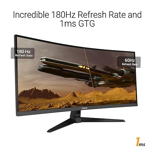 ASUS TUF Gaming 34” Ultra-Wide Curved Monitor (VG34VQ3B) – 21:9 QHD (3440x1440), 180Hz, 1ms, Extreme Low Motion Blur Sync, FreeSync Premium, Speaker, 90% DCI-P3, DisplayWidget Center, 34" Curved UWQHD 21:9 180Hz