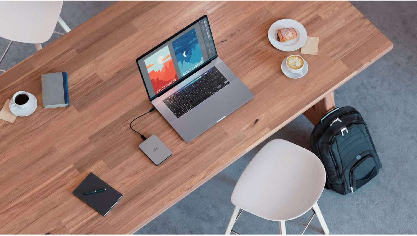 Seagate LaCie Mobile Drive 2TB External Hard Drive Portable HDD - Moon Silver, USB-C 3.2, for PC and Mac, Post-Consumer Recycled, with Adobe All Apps Plan and Rescue Services (STLP2000400)