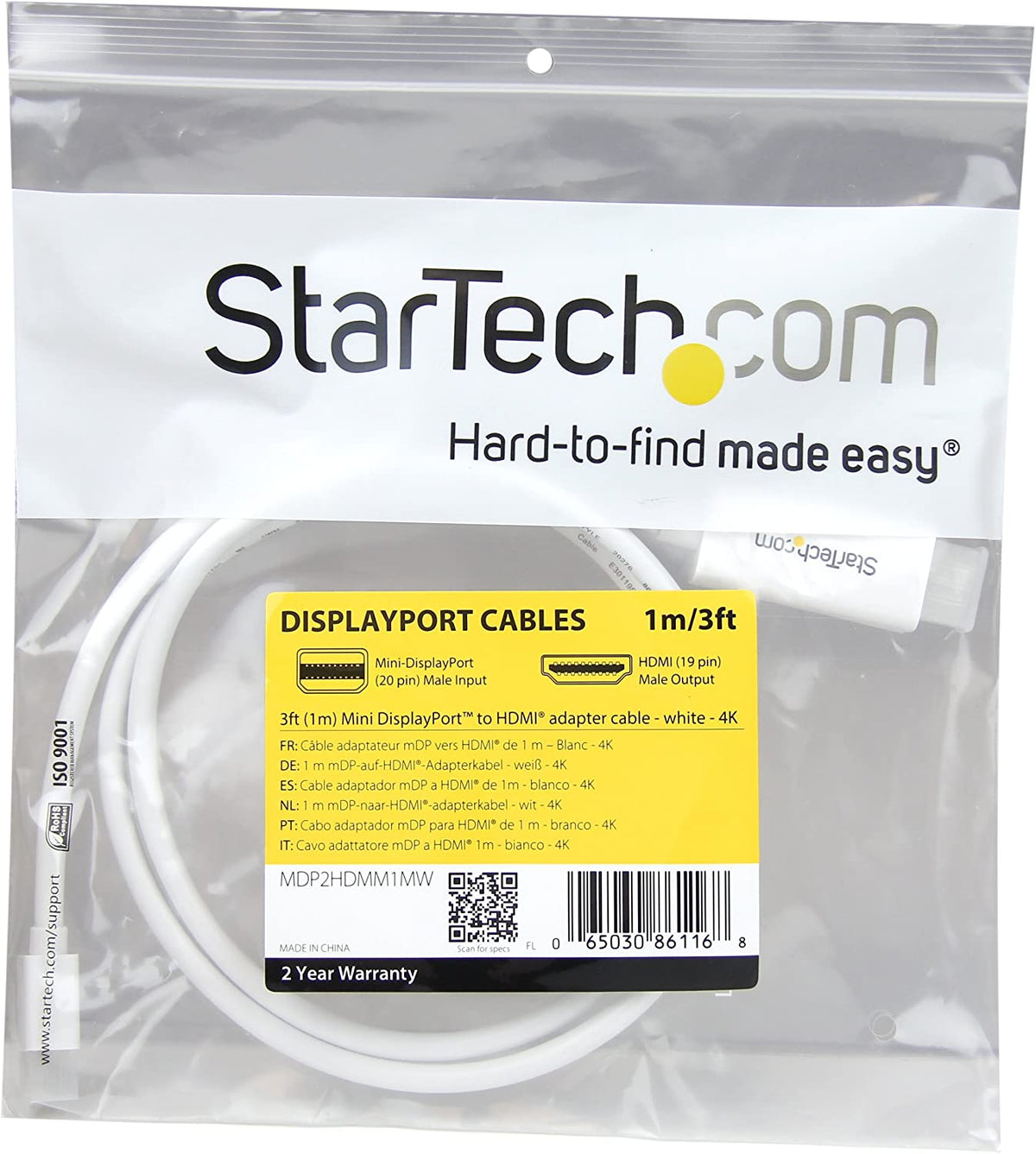 StarTech.com Mini DisplayPort to HDMI Converter Cable - 3 ft (1m) - mDP to HDMI Adapter with Built-in Cable - (M / M) Ultra HD 4K - White (MDP2HDMM1MW) 3 ft / 1 m White