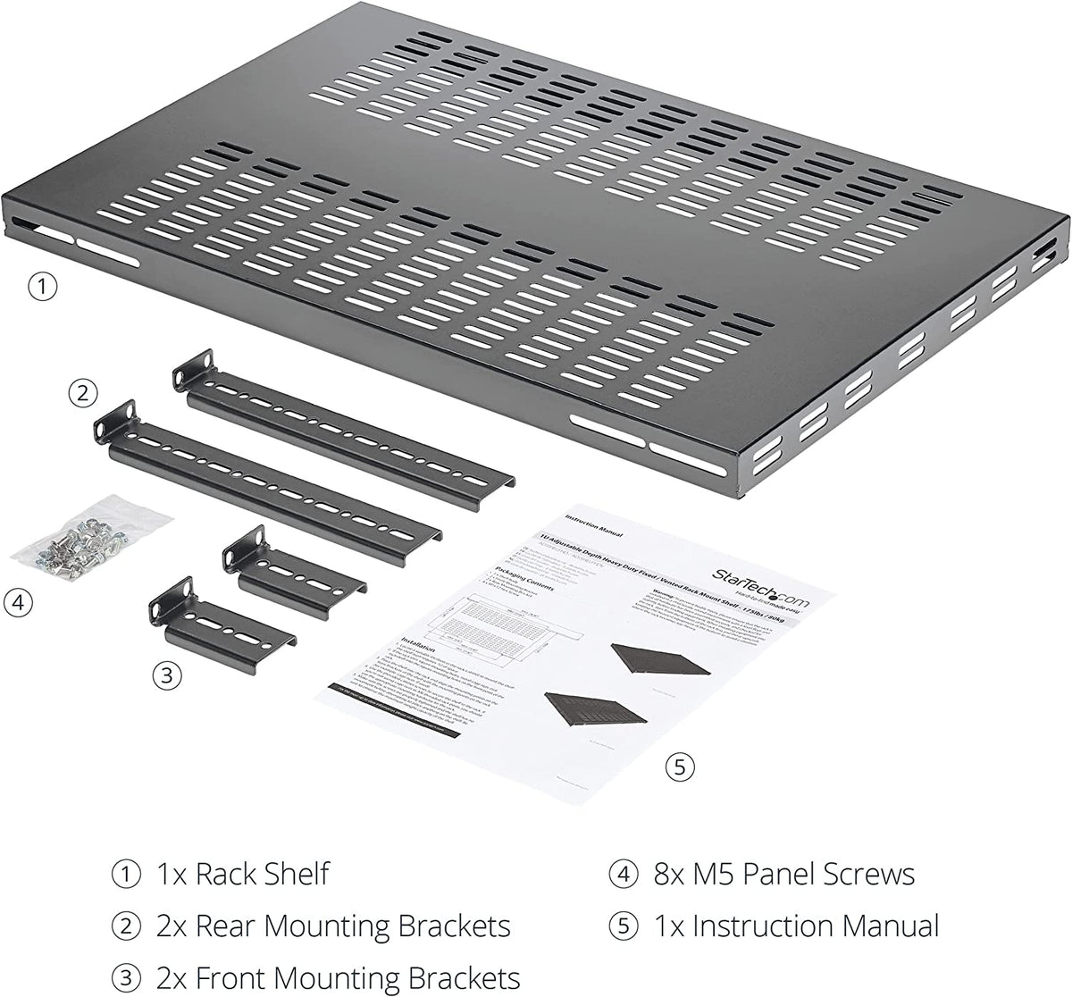 StarTech.com 1U Adjustable Vented Server Rack Mount Shelf - 250lbs - 19.5 to 38in Adjustable Mounting Depth Universal Tray for 19" AV/ Network Equipment Rack - 27.5in Deep (ADJSHELFHDV) 250 lbs | Vented Shelf