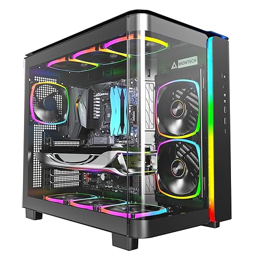 MONTECH King 95 PRO Dual-Chamber ATX Mid-Tower PC Gaming Case, High-Airflow, Toolless Panels, Sturdy Curved Tempered Glass Front, 6 ARGB PWM Fan Pre-Installed with Fan Hub, Black