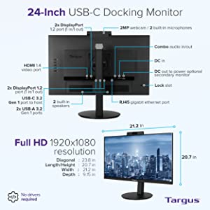 Targus 24-inch USB-C Docking Computer Monitor w/ 100W PD, Adjustable Height Mac PC Monitor 360 Degree Rotating 24 inch Monitor Gaming Monitor w/Dock, Dual Monitor Compatible w/DM4240SUSZ (DM4240PUSZ)
