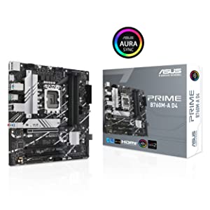 ASUS Prime B760M-A D4 Intel® B760 (LGA 1700)(13th and 12th Gen) mATX Motherboard, PCIe 4.0, 2xM.2 Slots,2.5Gb LAN, DisplayPort,Dual HDMI,Rear USB 3.2 Gen 2, Front USB 3.2 Gen 1 Type-C®, Aura Sync