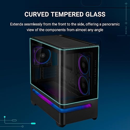 ASUS Prime AP202 ARGB Black mATX case with Fully Tempered Curved Glass, Supports Graphics Cards up to 420mm Long, 360mm Long radiators, Easy-Detach Rail, Patented Slot Vent, Built-in Three ARGB Fans