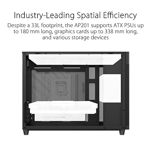 ASUS Prime AP201 Black MicroATX Tempered Glass Edition Supports Graphics Cards up to 338mm, 360mm Coolers, & Standard ATX PSUs, Tool-Free Side Panels, Tempered Glass Side & Front Panel USB Type-C