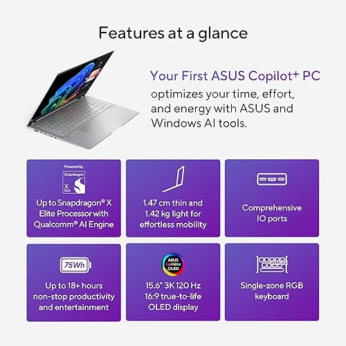 ASUS Vivobook S 15; Copilot+ PC, 15.6" Thin and Light Laptop, 3K 120Hz OLED, Snapdragon® X Plus Processor, 16GB Memory, 1 TB SSD, Copilot Key, Wi-Fi 7, Cool Silver, S5507QA-DB71-CB