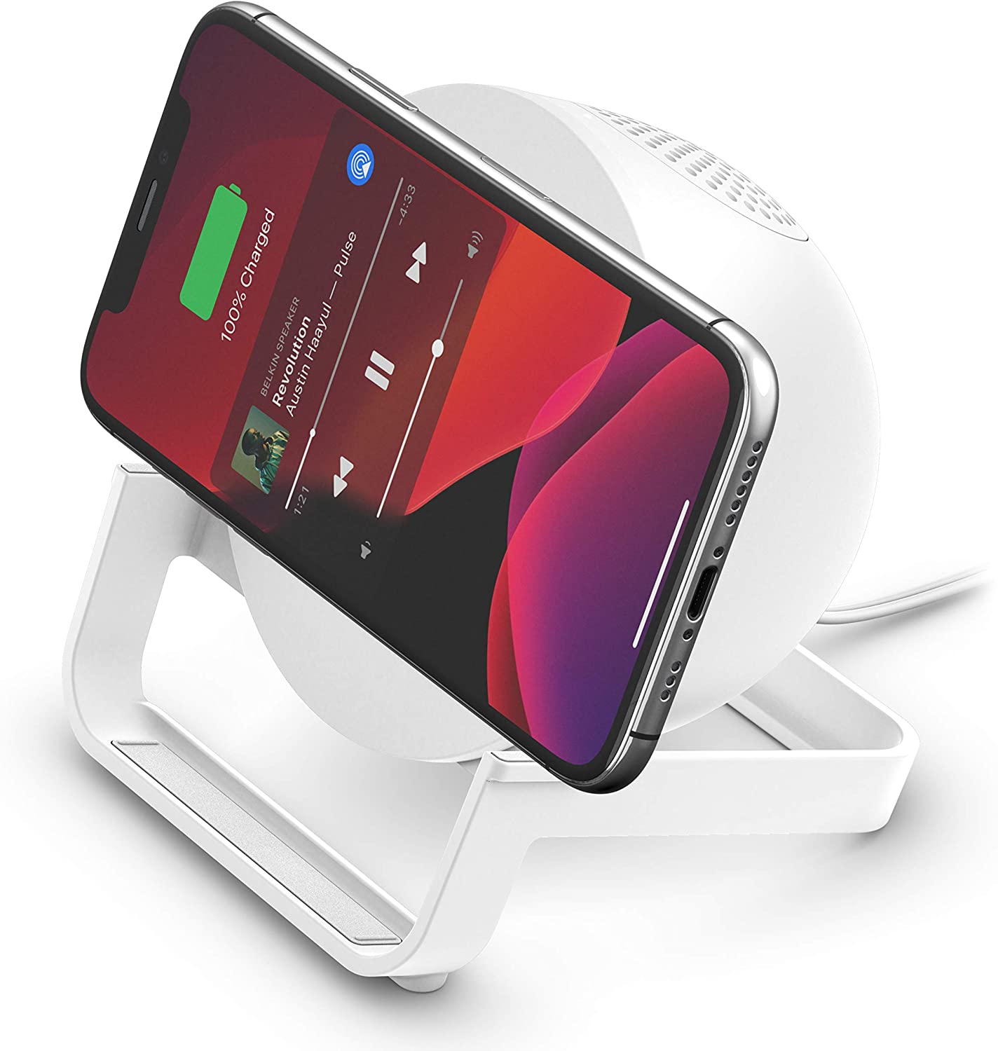Belkin Wireless Charging Speaker (Wireless Charging Stand + Bluetooth Speaker Charger) Charge While Listening to Music, Streaming Videos, Video Calls, White (AUF001ttWH)