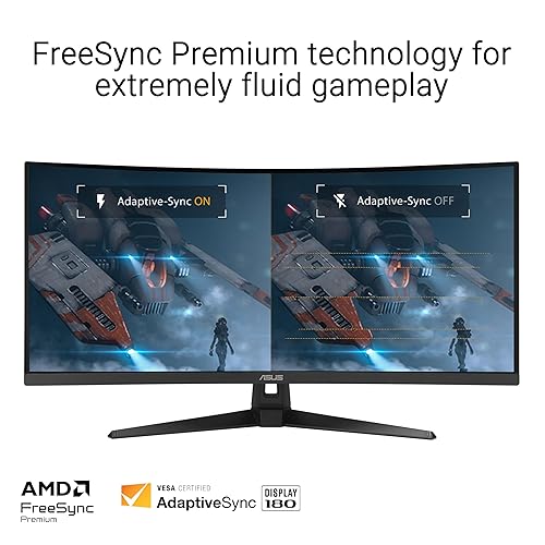 ASUS TUF Gaming 34” Ultra-Wide Curved Monitor (VG34VQ3B) – 21:9 QHD (3440x1440), 180Hz, 1ms, Extreme Low Motion Blur Sync, FreeSync Premium, Speaker, 90% DCI-P3, DisplayWidget Center, 34" Curved UWQHD 21:9 180Hz